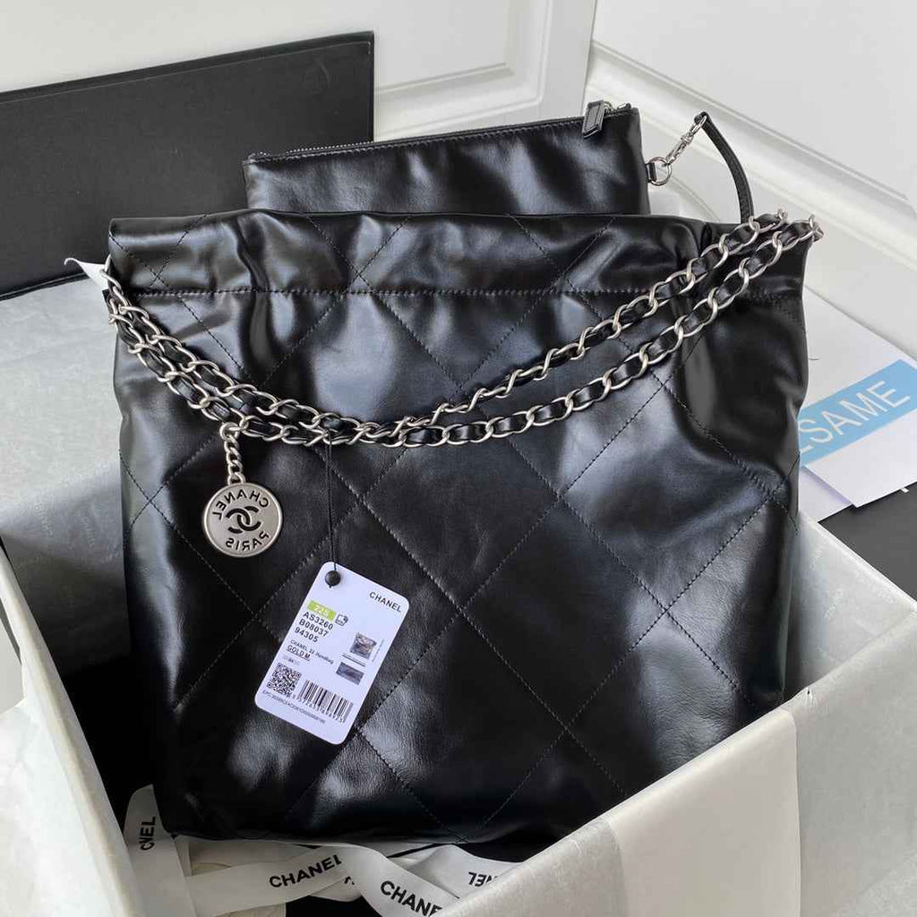Chanel 22 Small Bag AS3260 Black Shiny Calfskin Silver-Tone Metal
