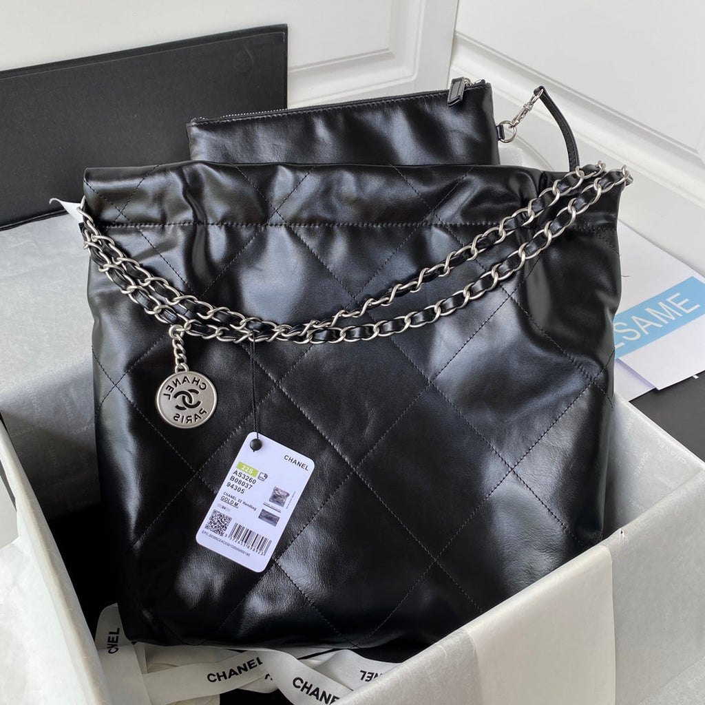 Chanel 22 Small Bag AS3260 Black Shiny Calfskin Silver-Tone Metal