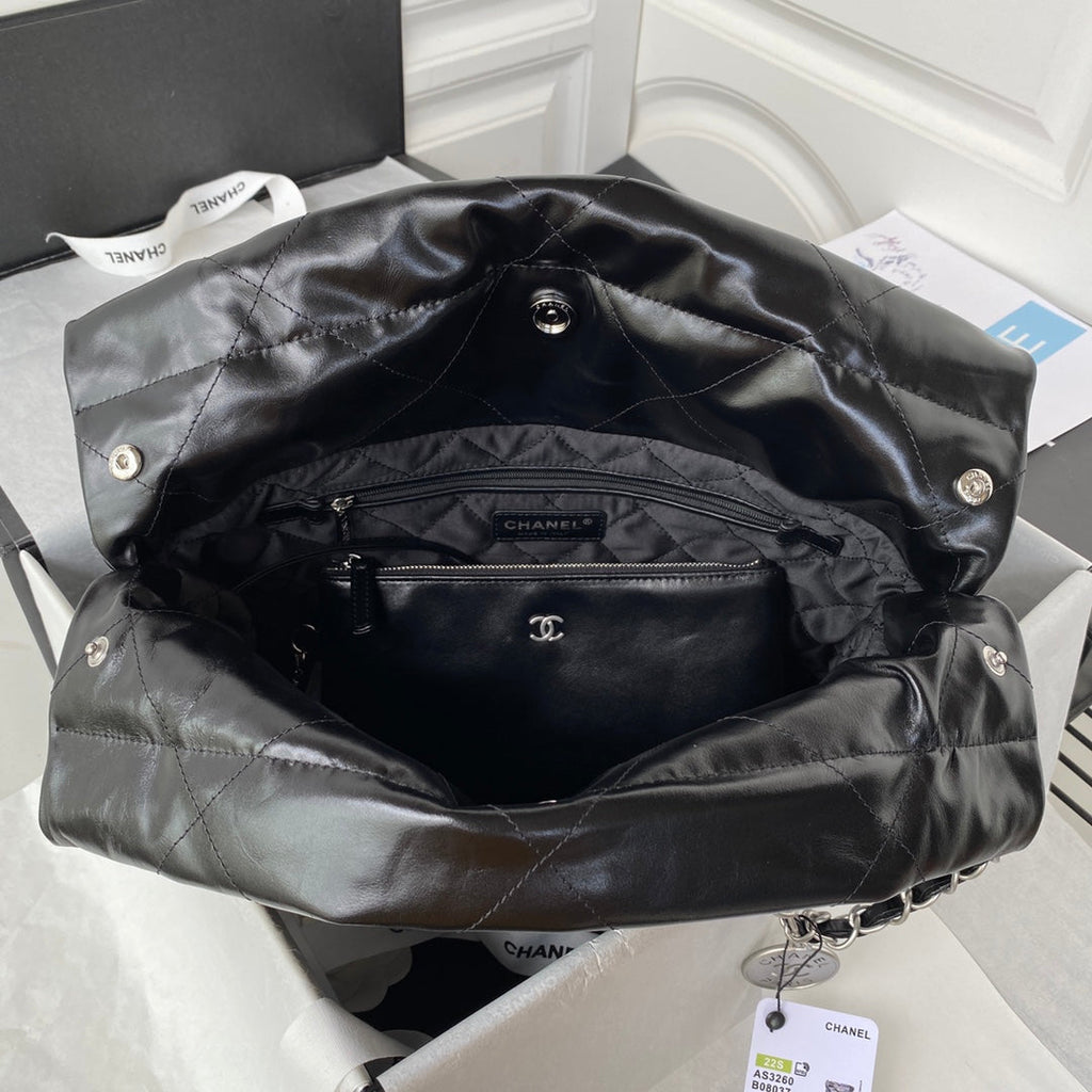 Chanel 22 Small Bag AS3260 Black Shiny Calfskin Silver-Tone Metal