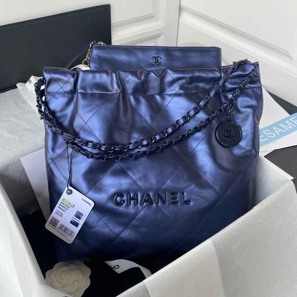 Chanel 22 Small Bag AS3260 Navy Blue Shiny Calfskin Blue-Tone Metal