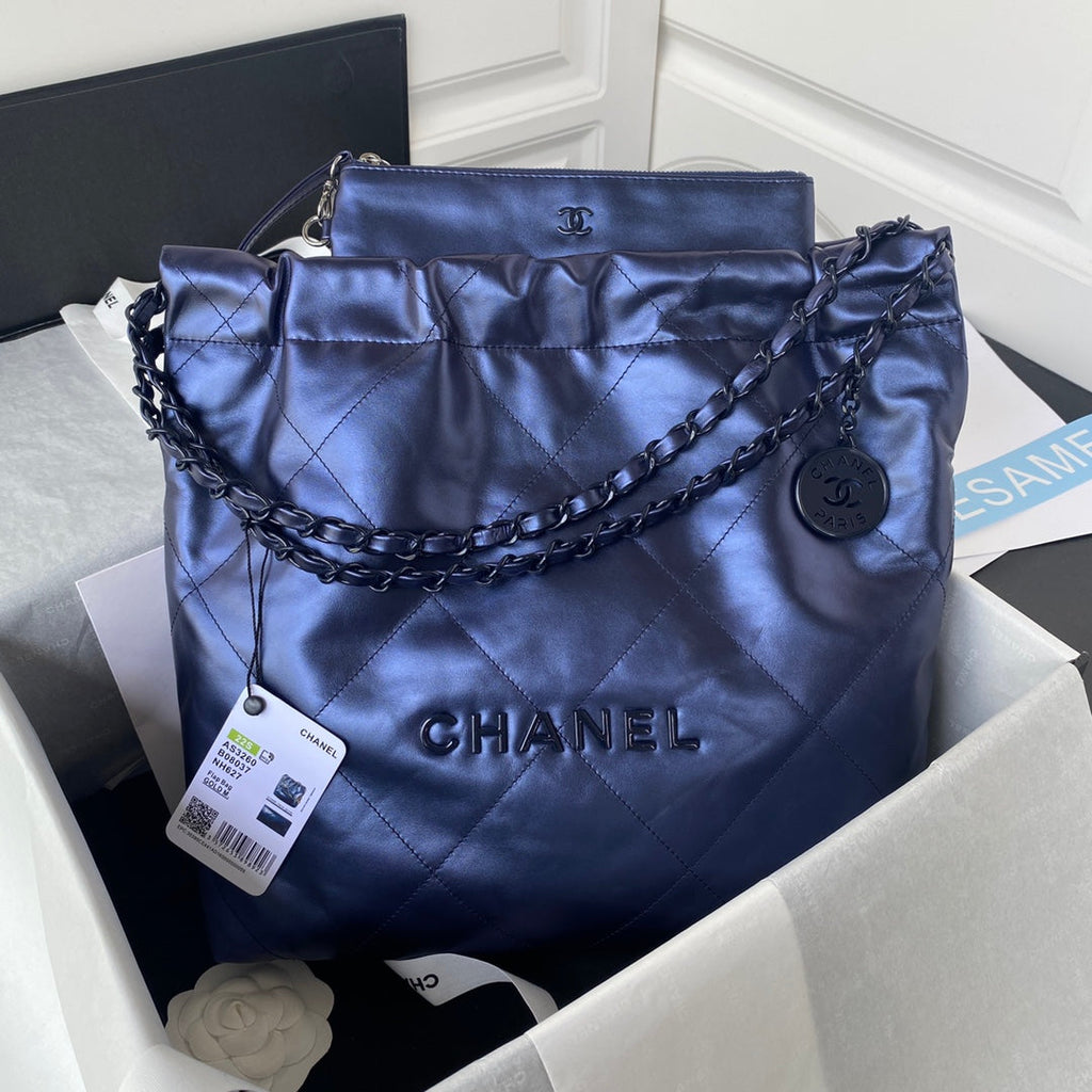 Chanel 22 Small Bag AS3260 Navy Blue Shiny Calfskin Blue-Tone Metal