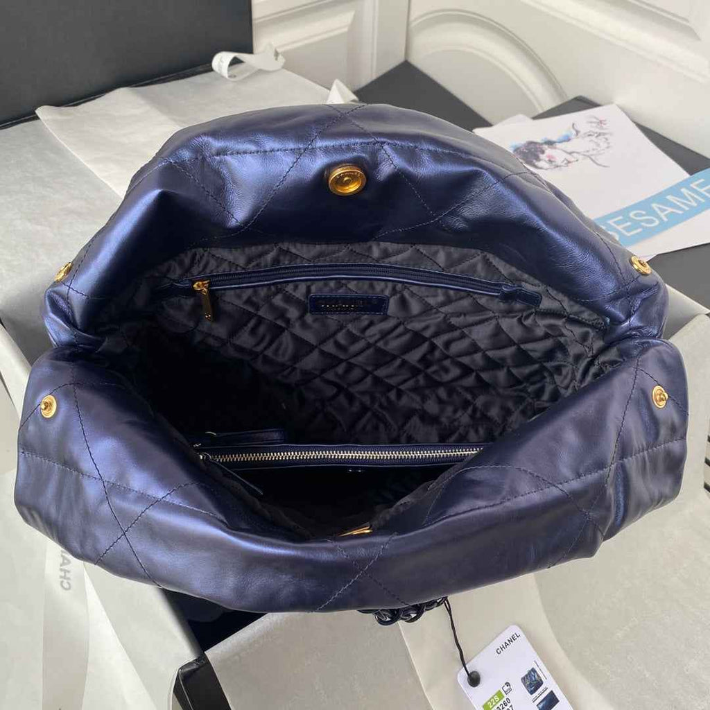 Chanel 22 Small Bag AS3260 Navy Blue Shiny Calfskin Blue-Tone Metal