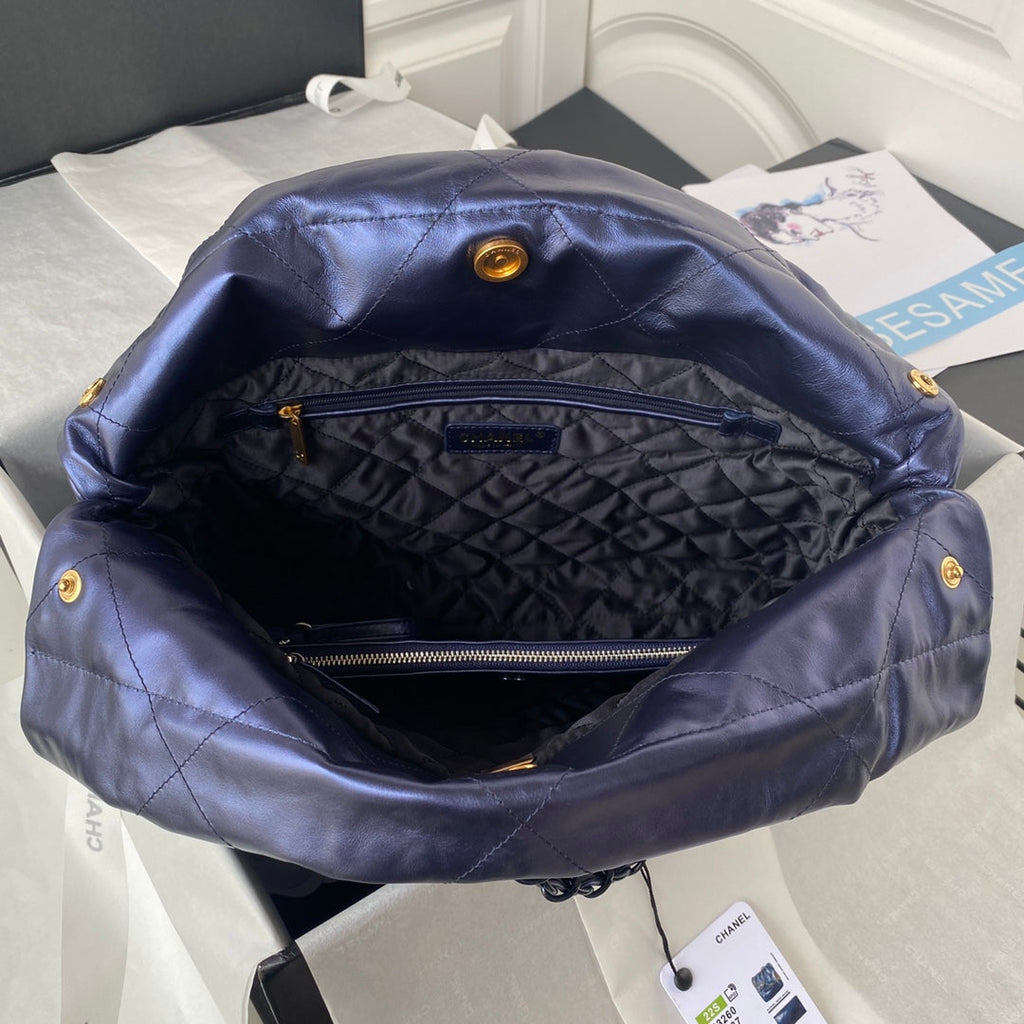 Chanel 22 Small Bag AS3260 Navy Blue Shiny Calfskin Blue-Tone Metal