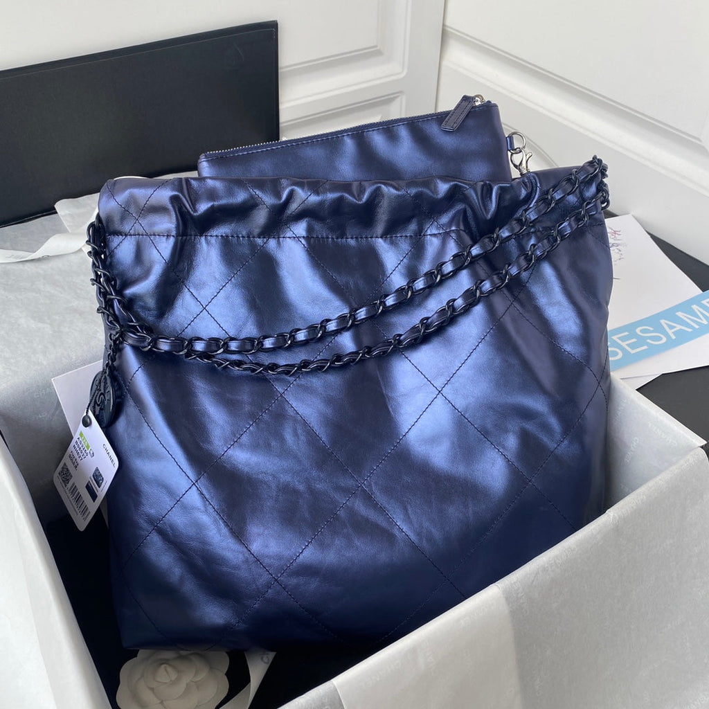 Chanel 22 Small Bag AS3260 Navy Blue Shiny Calfskin Blue-Tone Metal