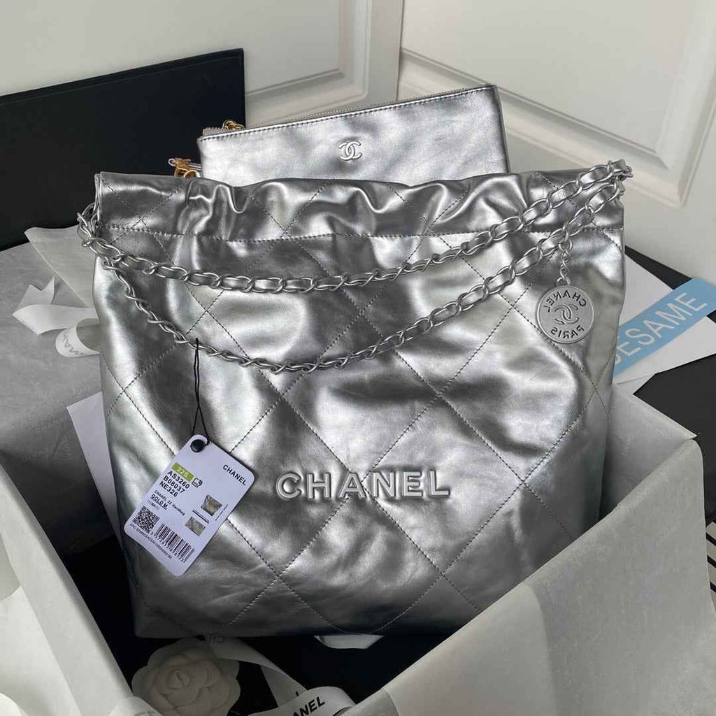 Chanel 22 Small Bag AS3260 Silver Shiny Calfskin Silver-Tone Metal