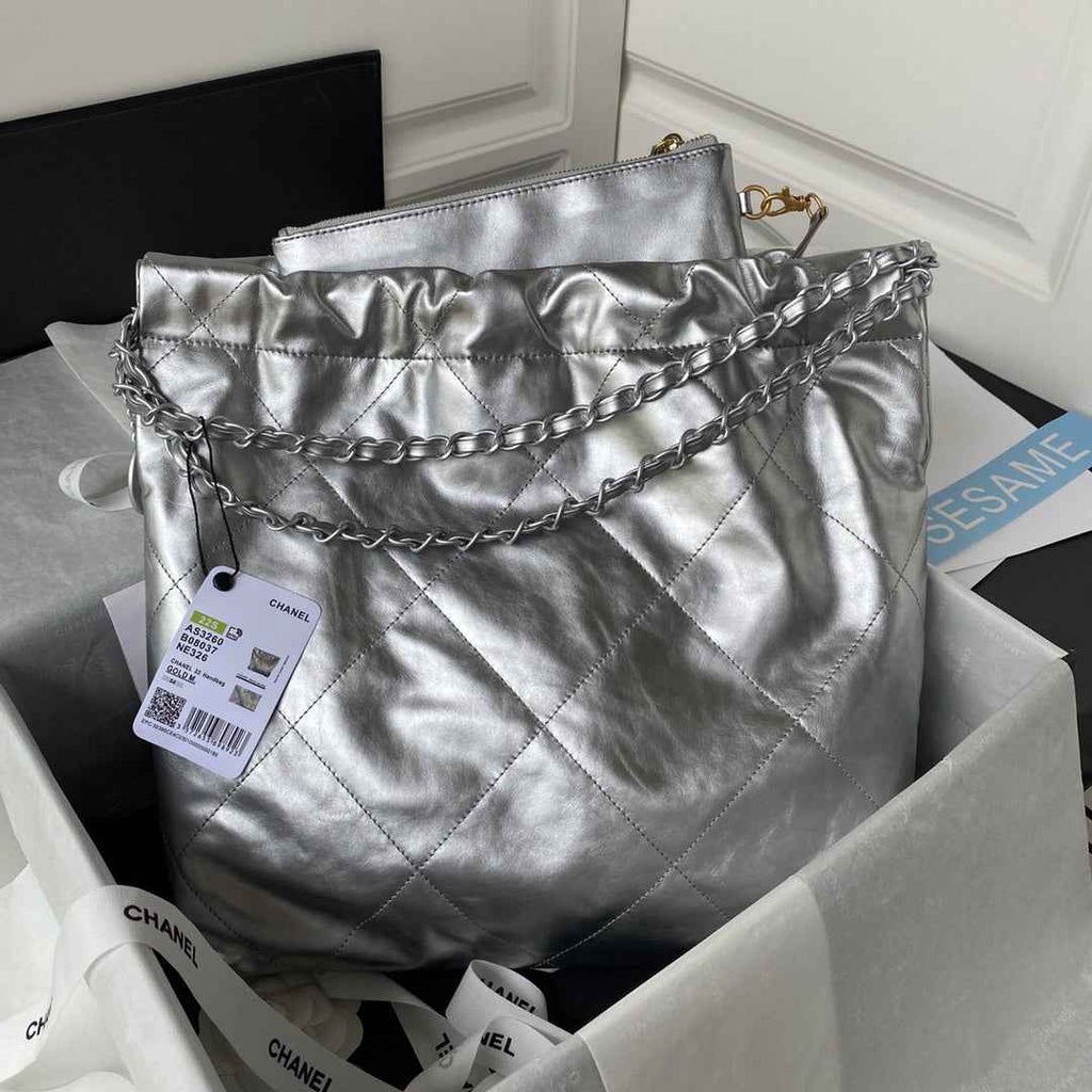Chanel 22 Small Bag AS3260 Silver Shiny Calfskin Silver-Tone Metal