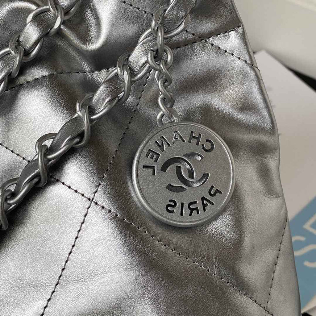 Chanel 22 Small Bag AS3260 Silver Shiny Calfskin Silver-Tone Metal