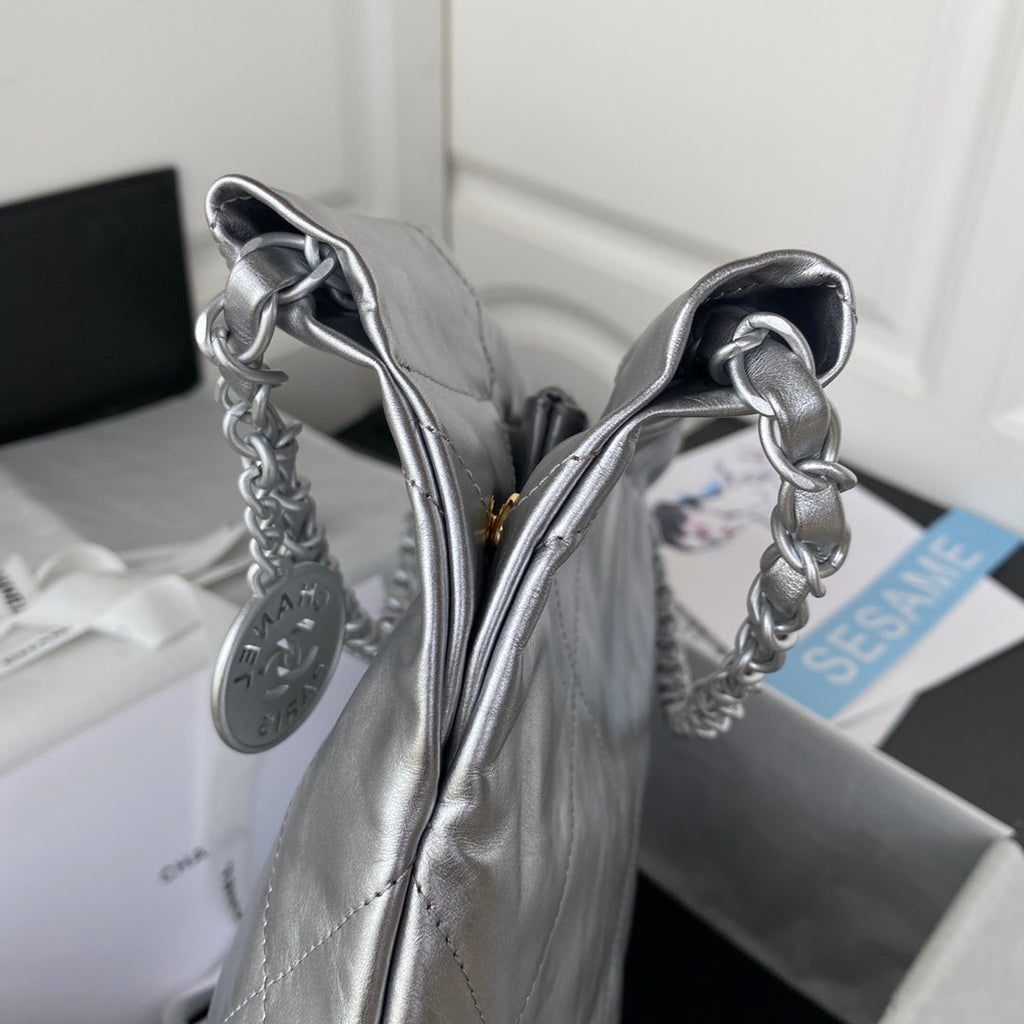 Chanel 22 Small Bag AS3260 Silver Shiny Calfskin Silver-Tone Metal