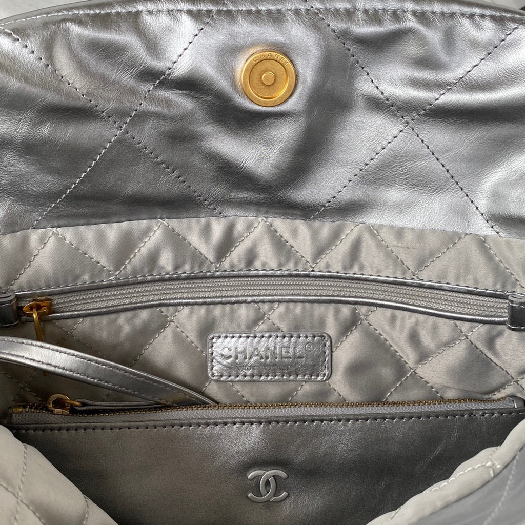 Chanel 22 Small Bag AS3260 Silver Shiny Calfskin Silver-Tone Metal