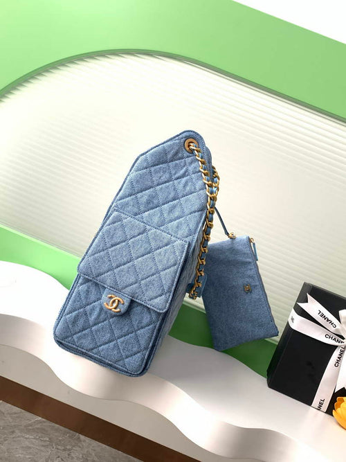 Chanel 25 medium handbag, AS5311 washed denim blue