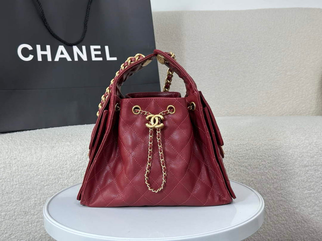 Chanel 25 small handbag, AS5293 Grained Calfskin Wine Red