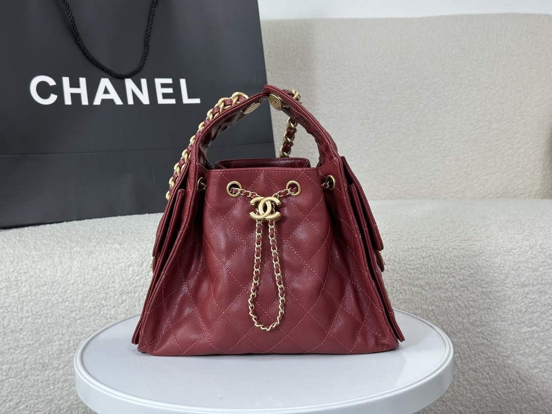 Chanel 25 small handbag, AS5293 Grained Calfskin Wine Red