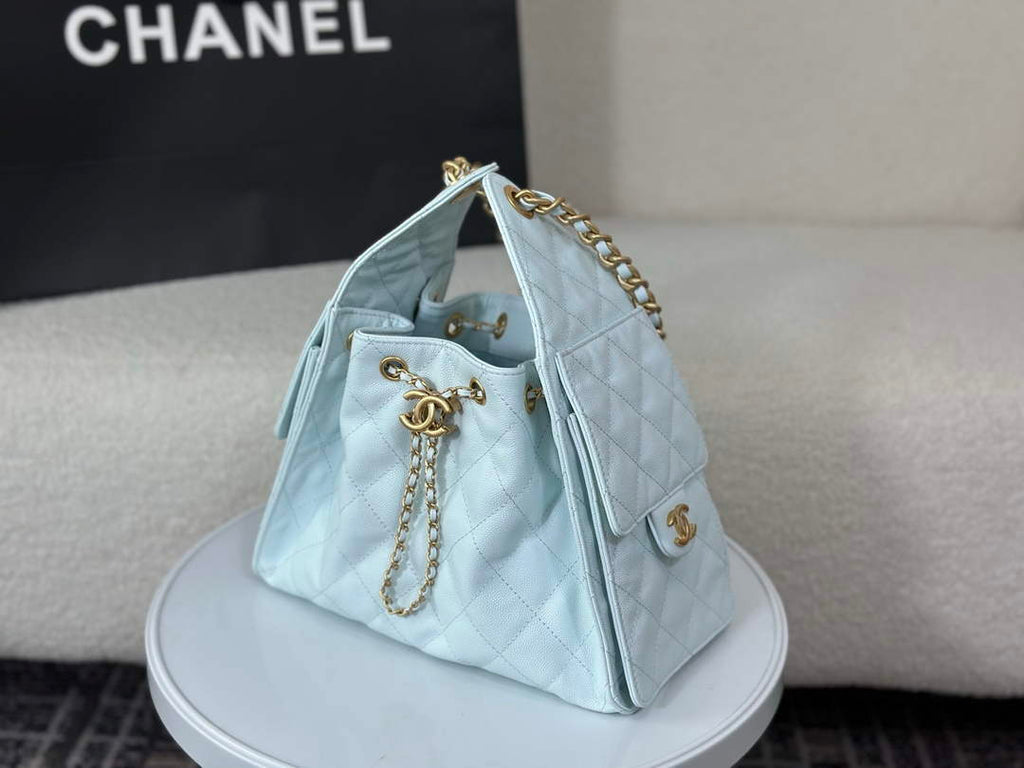 Chanel 25 small handbag, AS5293 Grained Calfskin Blue