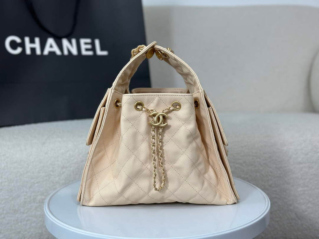 Chanel 25 small handbag, AS5293 Grained Calfskin Apricot