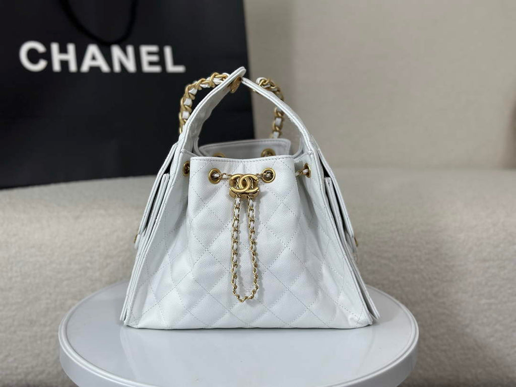 Chanel 25 small handbag, AS5293 Grained Calfskin White