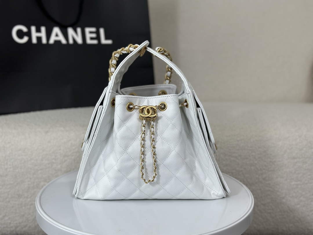 Chanel 25 small handbag, AS5293 Grained Calfskin White