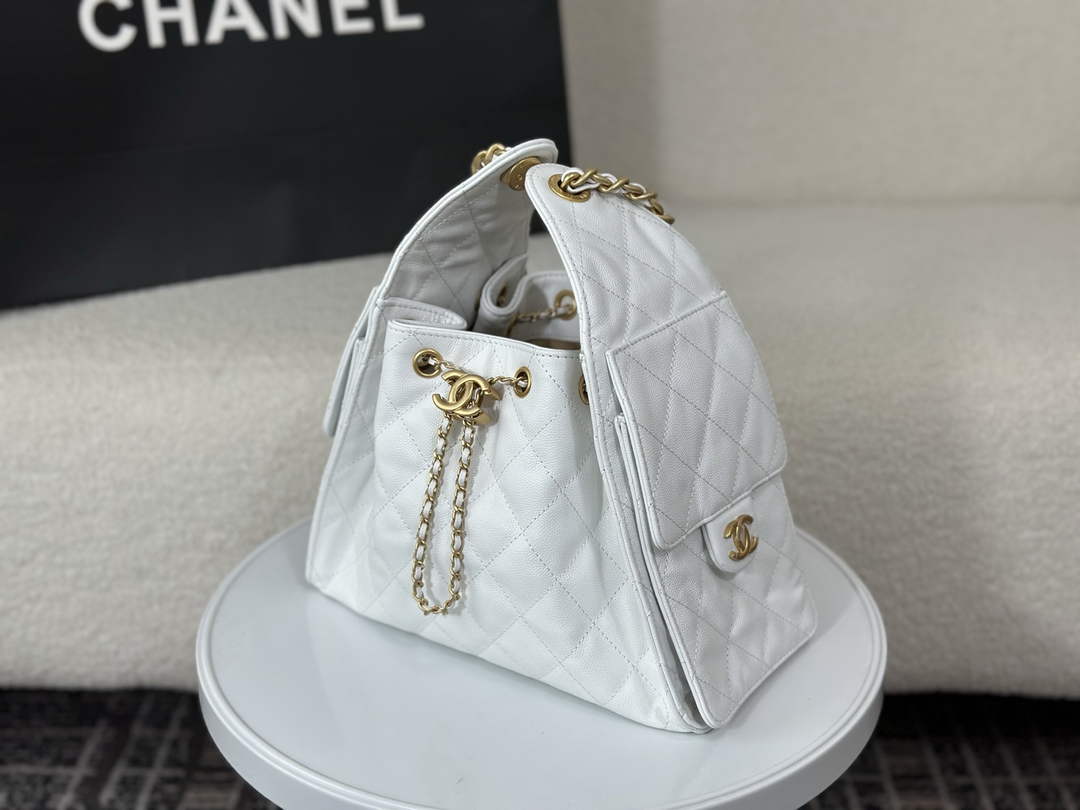 Chanel 25 small handbag, AS5293 Grained Calfskin White