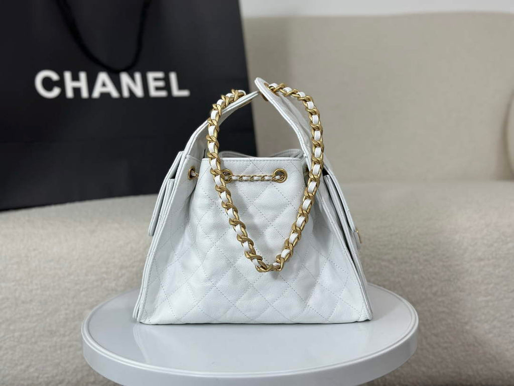 Chanel 25 small handbag, AS5293 Grained Calfskin White
