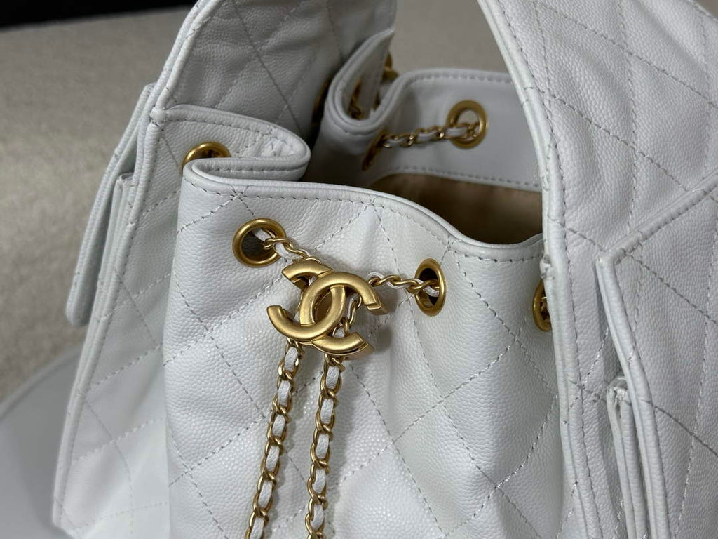Chanel 25 small handbag, AS5293 Grained Calfskin White