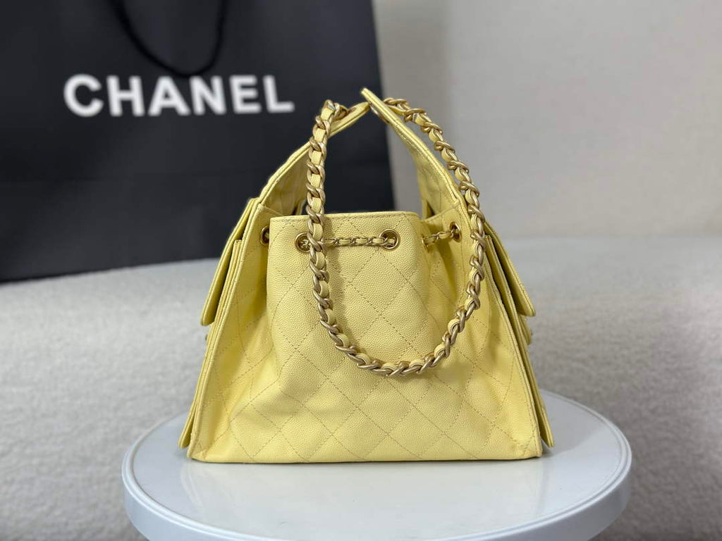 Chanel 25 small handbag, AS5293 Grained Calfskin Yellow