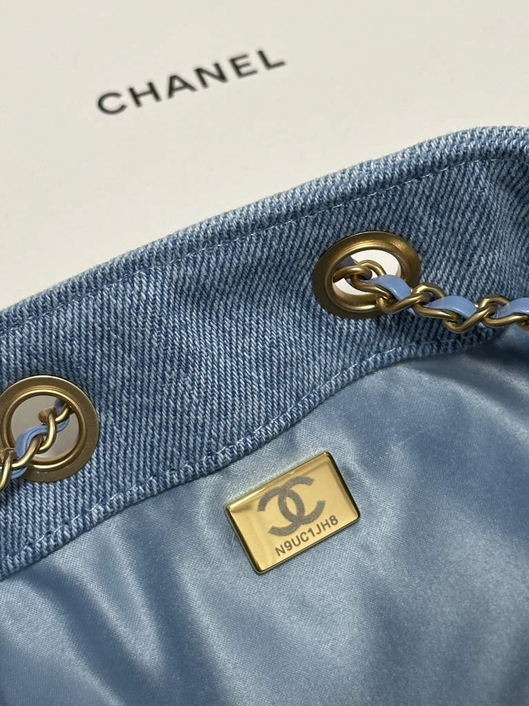 Chanel 25 small handbag, AS5293 Blue Washed Denim