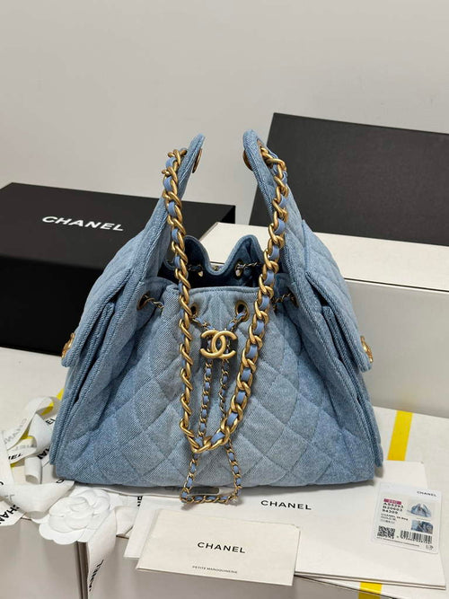 Chanel 25 small handbag, AS5293 Blue Washed Denim