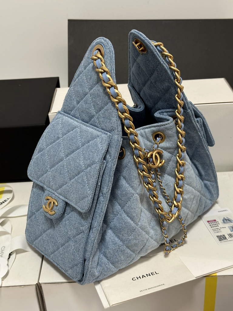 Chanel 25 small handbag, AS5293 Blue Washed Denim