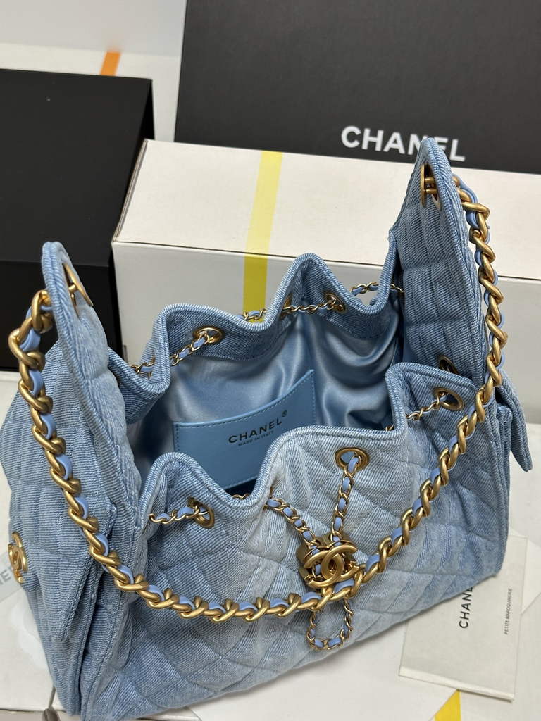 Chanel 25 small handbag, AS5293 Blue Washed Denim