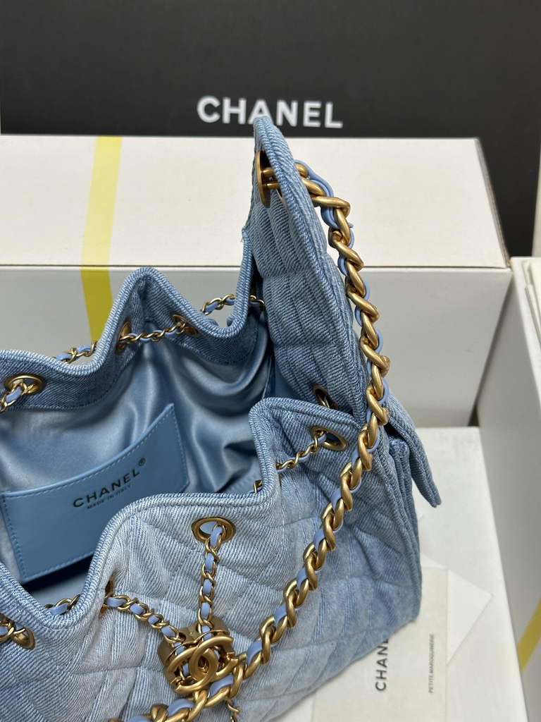 Chanel 25 small handbag, AS5293 Blue Washed Denim