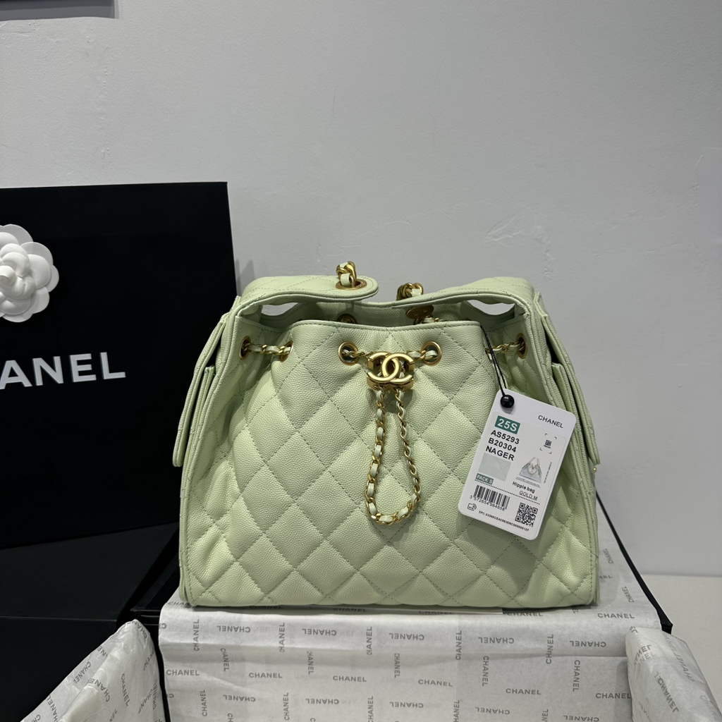 Chanel 25 small handbag, AS5293 Green Grained Calfskin