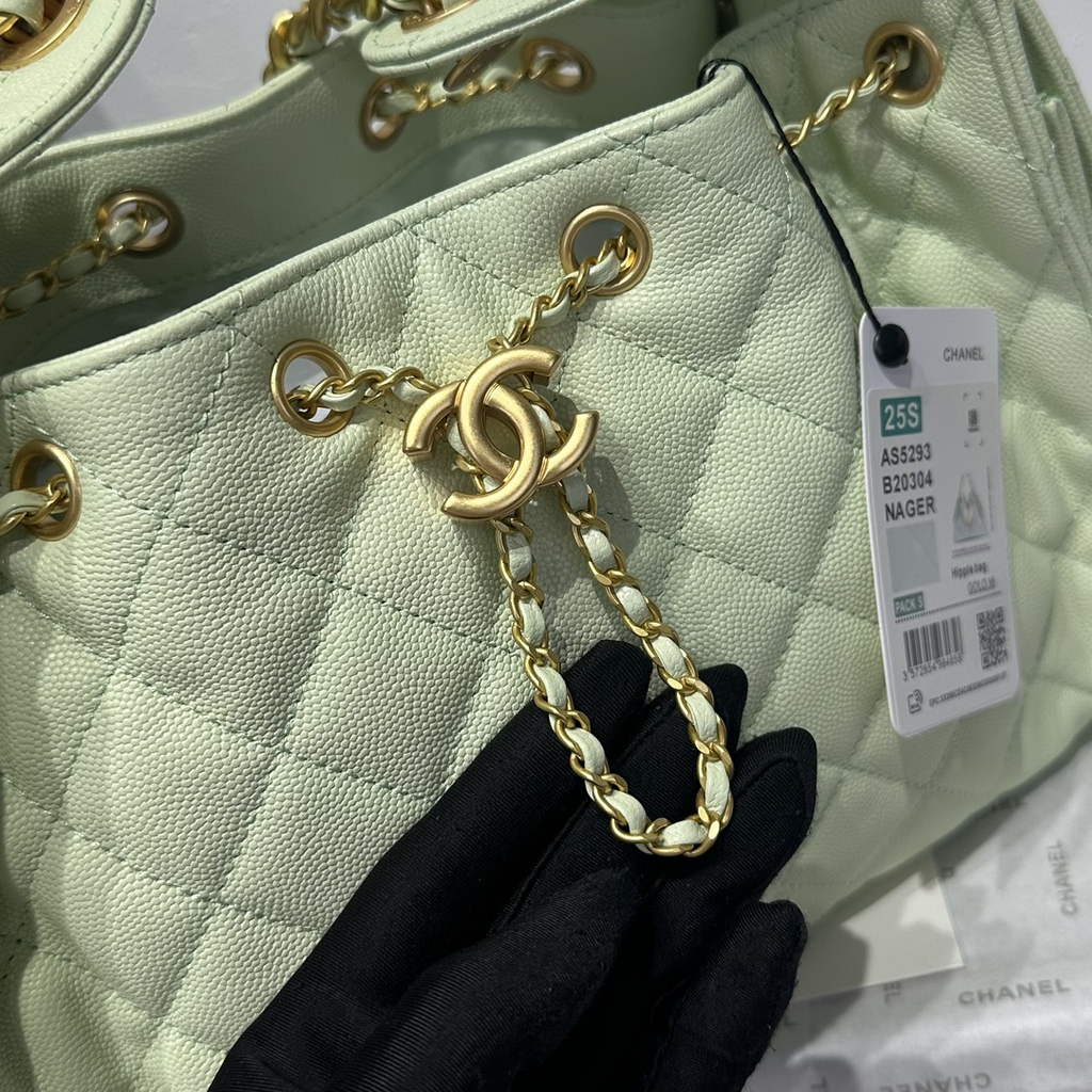 Chanel 25 small handbag, AS5293 Green Grained Calfskin