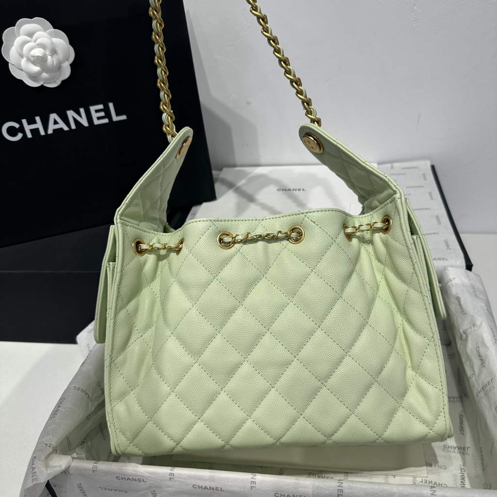 Chanel 25 small handbag, AS5293 Green Grained Calfskin