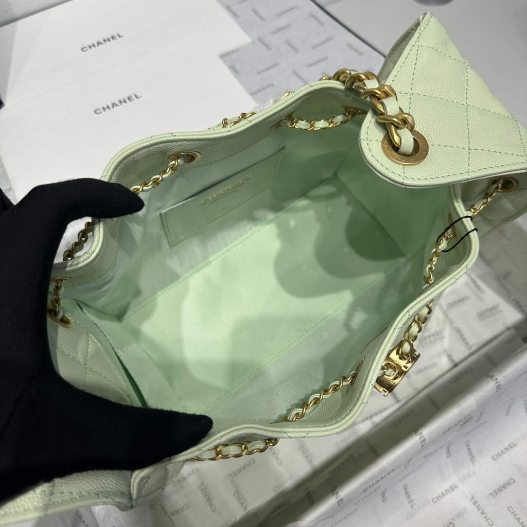 Chanel 25 small handbag, AS5293 Green Grained Calfskin
