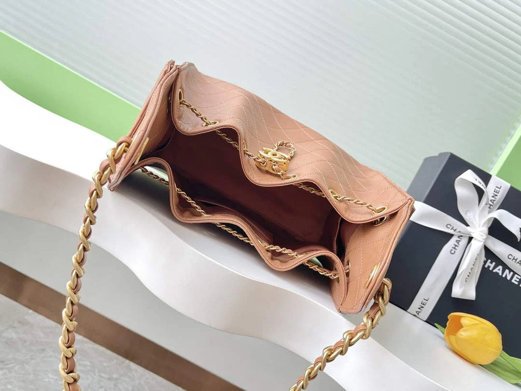 Chanel 25 small handbag, AS5293 Grained Calfskin Apricot