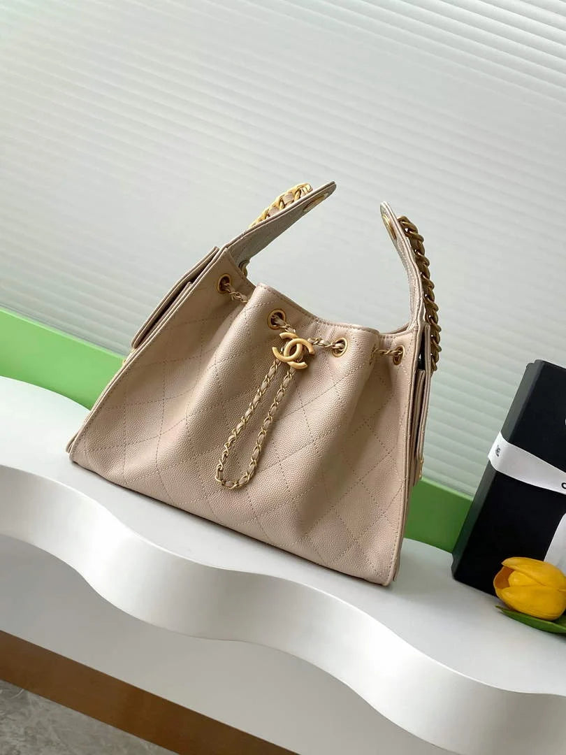 Chanel 25 small handbag, AS5293 Grained Calfskin Apricot