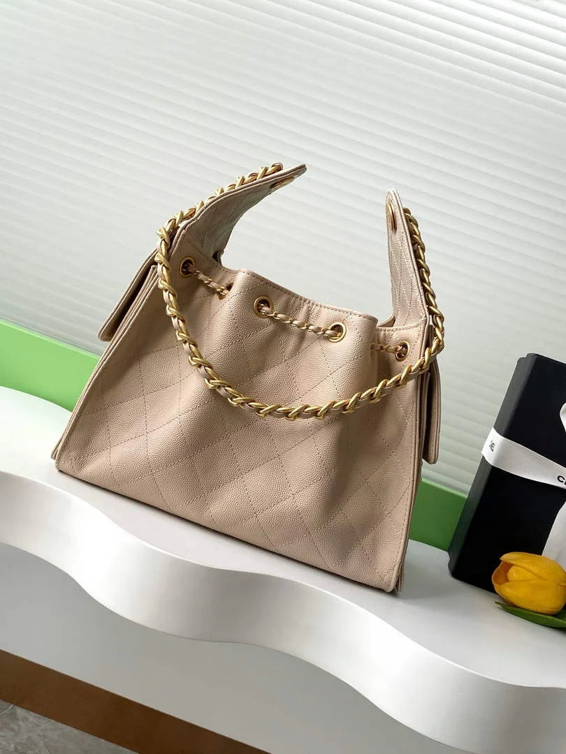 Chanel 25 small handbag, AS5293 Grained Calfskin Apricot