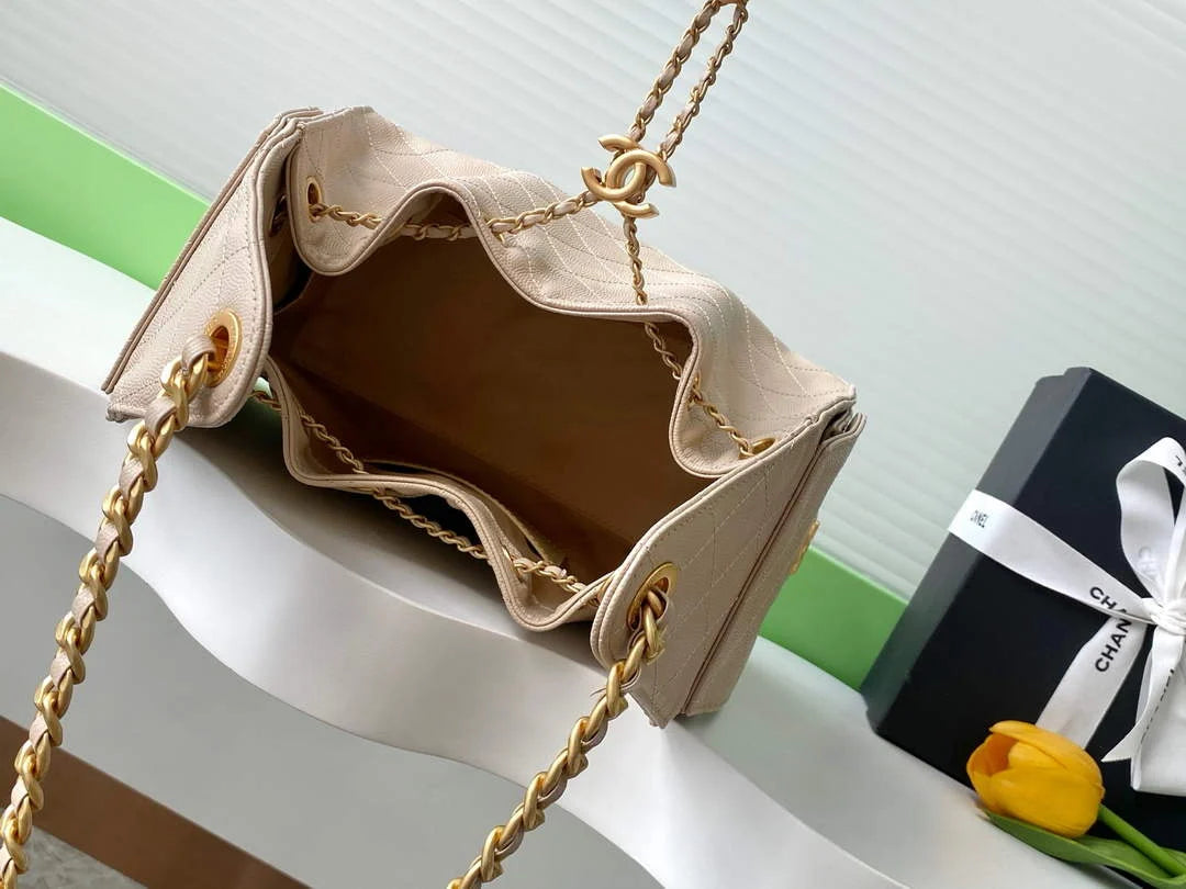Chanel 25 small handbag, AS5293 Grained Calfskin Apricot