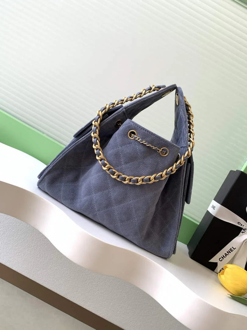 Chanel 25 small handbag, AS5293 Suede Blue