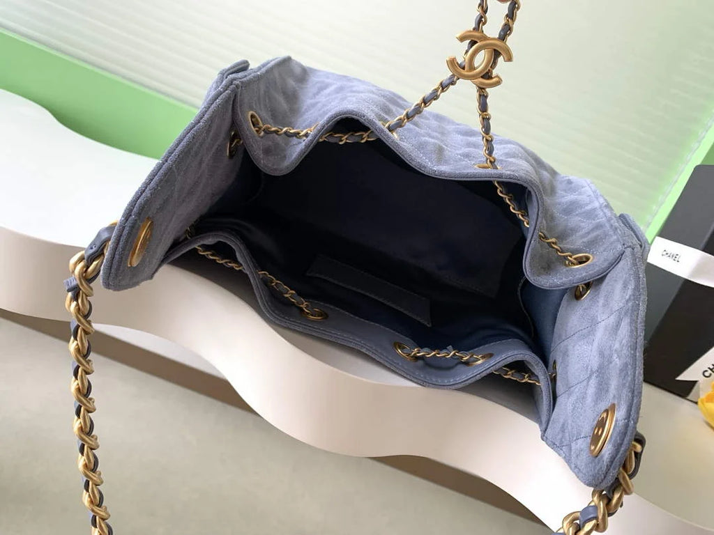 Chanel 25 small handbag, AS5293 Suede Blue