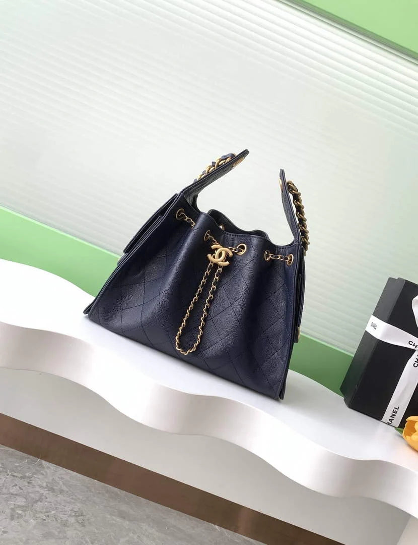 Chanel 25 small handbag, AS5293 Grained Calfskin Navy