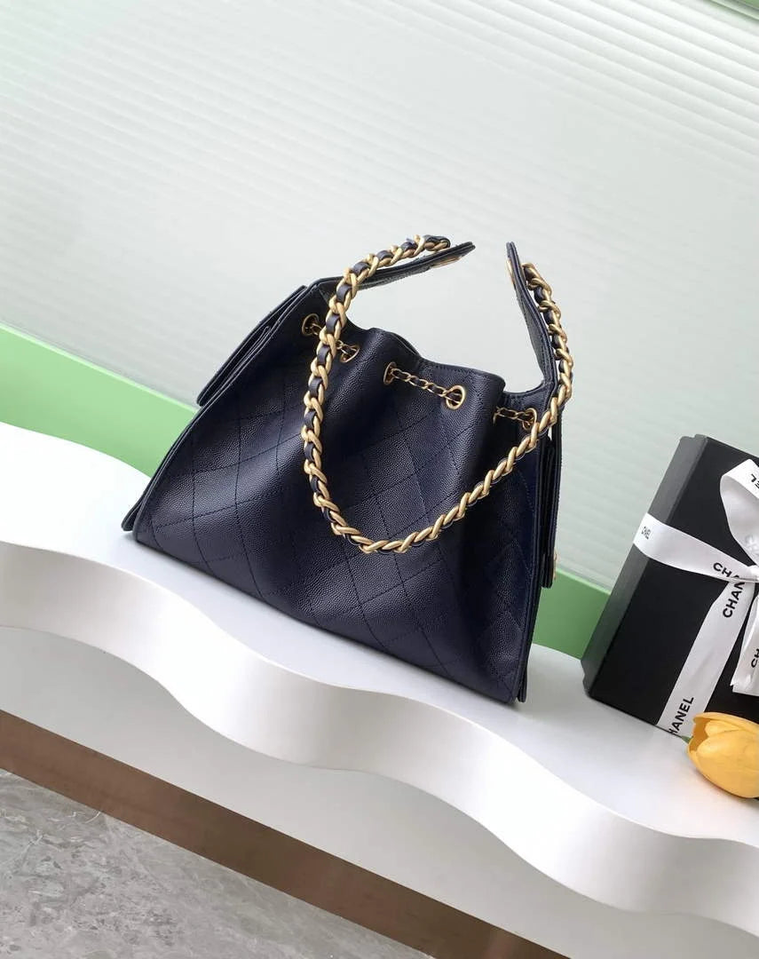 Chanel 25 small handbag, AS5293 Grained Calfskin Navy