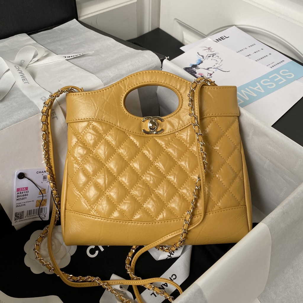 Chanel 31 mini shopping bag AS4133 Shiny Crumpled Calfskin Yellow
