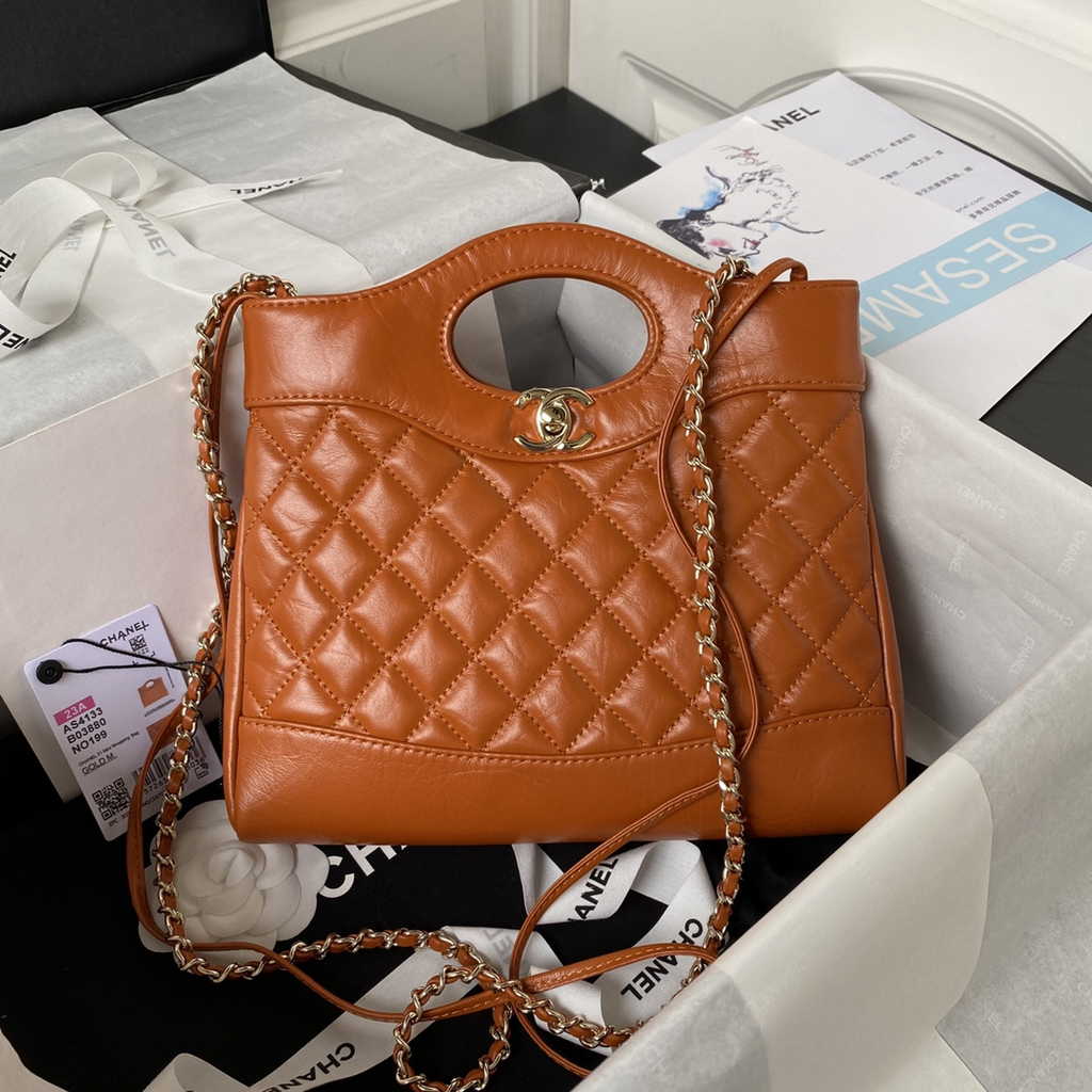Chanel 31 mini shopping bag AS4133 Shiny Crumpled Calfskin Tan