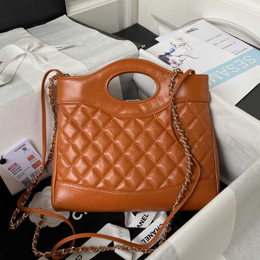 Chanel 31 mini shopping bag AS4133 Shiny Crumpled Calfskin Tan