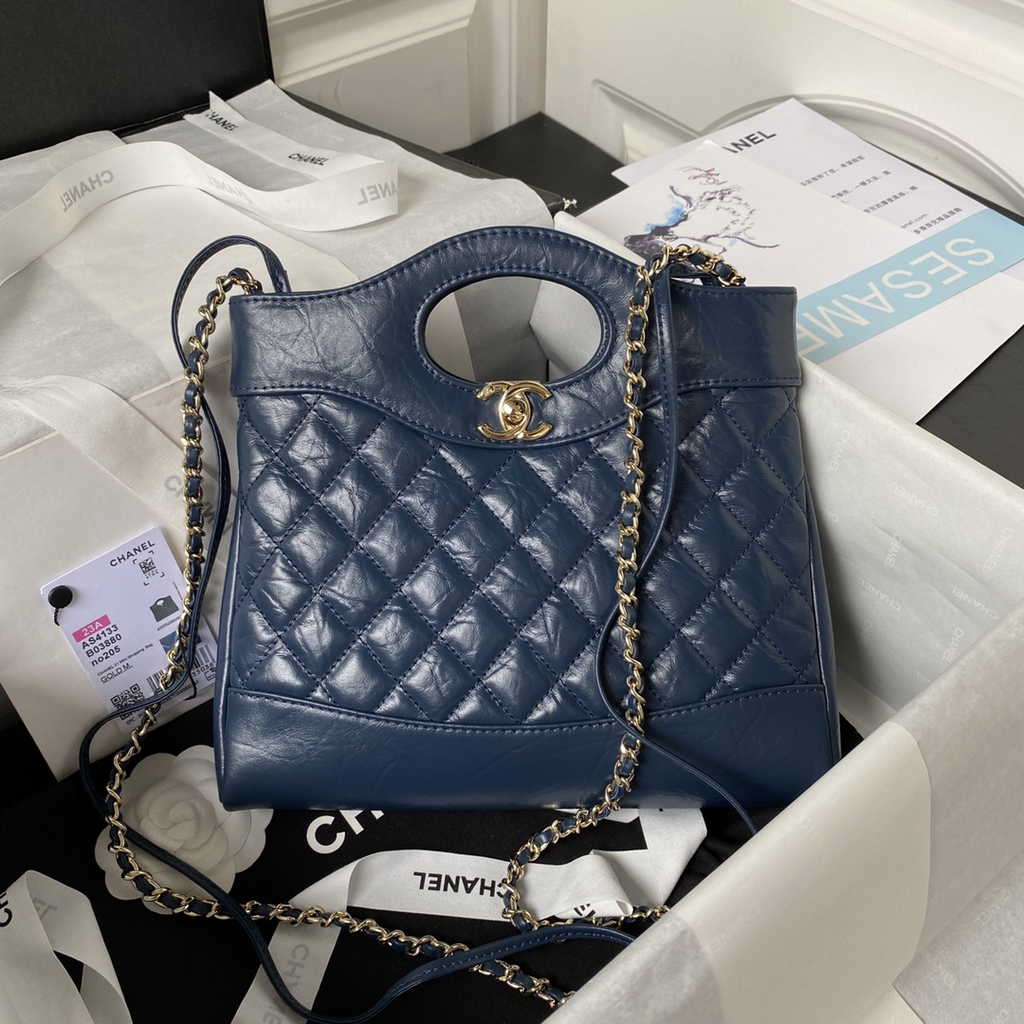 Chanel 31 mini shopping bag AS4133 Shiny Crumpled Calfskin Navy Blue