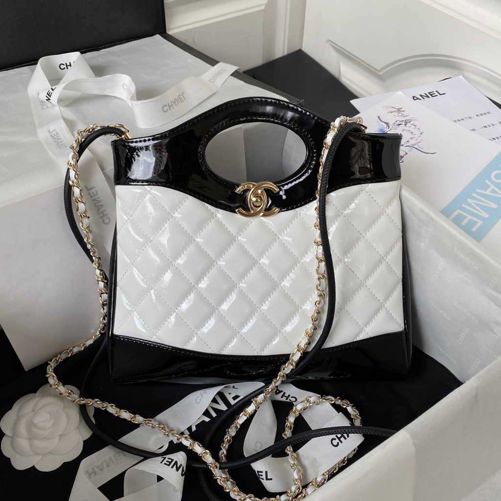 Chanel 31 mini shopping bag AS4133 White Black Patent calfskin