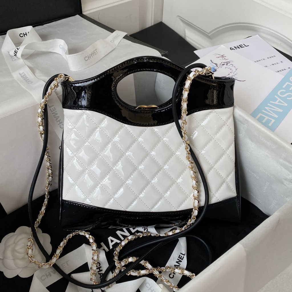 Chanel 31 mini shopping bag AS4133 White Black Patent calfskin