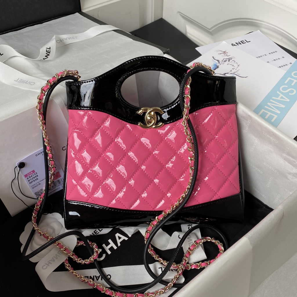Chanel 31 mini shopping bag AS4133 Pink Black Patent calfskin