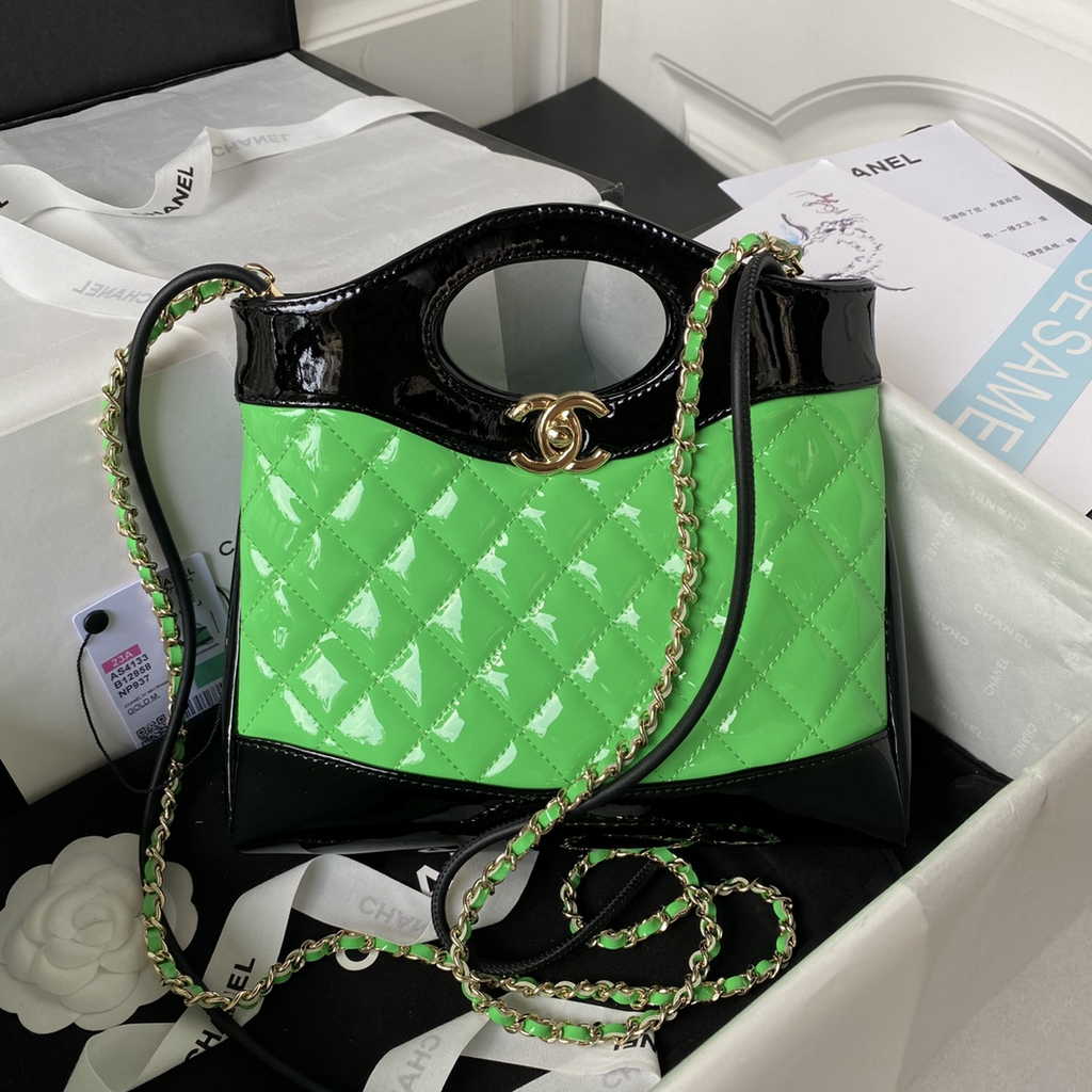 Chanel 31 mini shopping bag AS4133 Green Black Patent calfskin