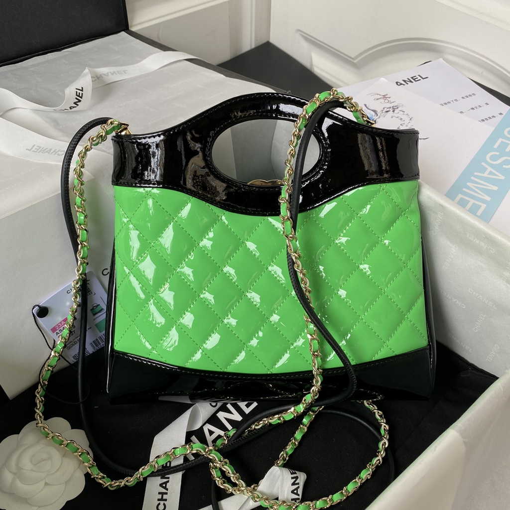 Chanel 31 mini shopping bag AS4133 Green Black Patent calfskin